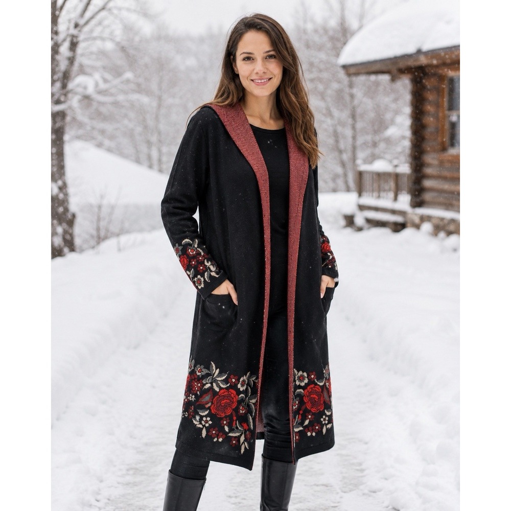 MaxSport Womens L Hooded Floral Duster Cardigan Black Red Wool Blend Boho